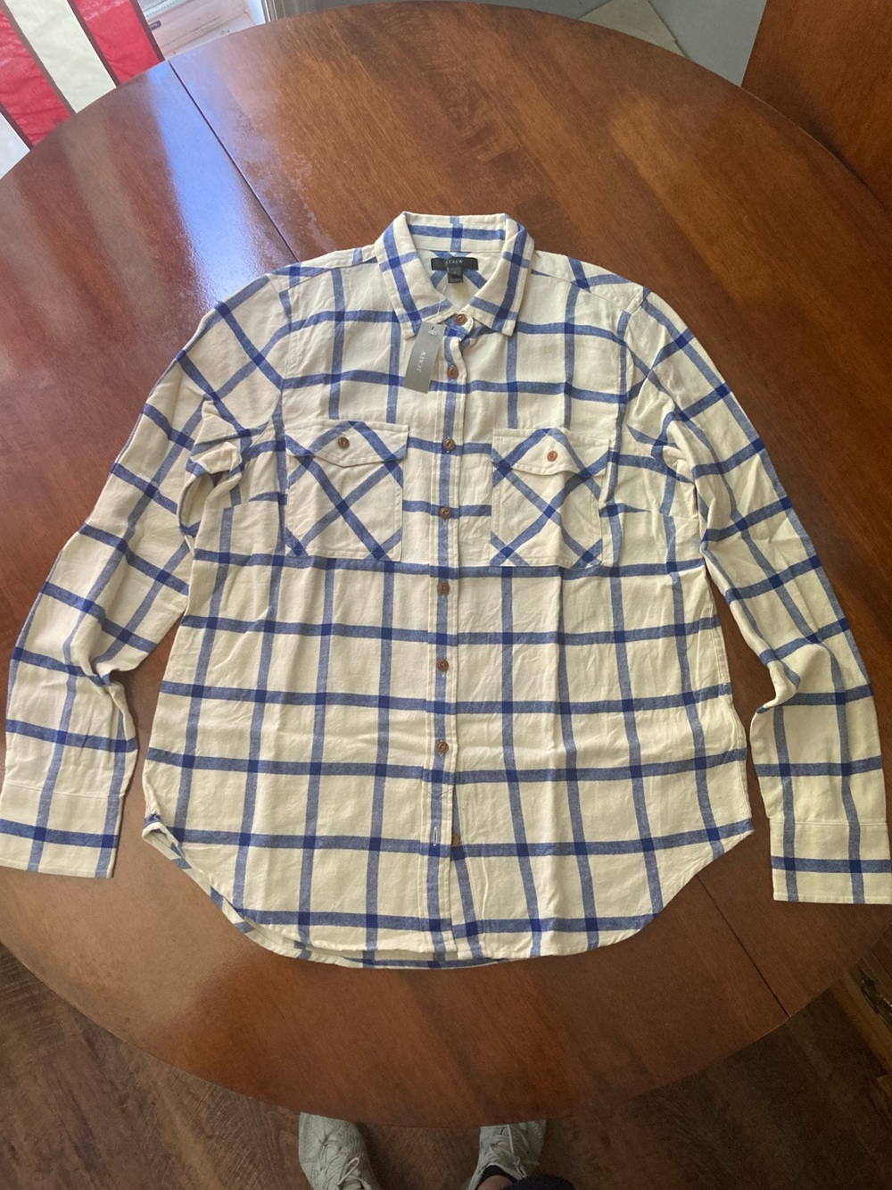 J. Crew Cream Button-Down Shirt with Blue Windowpane Plaid